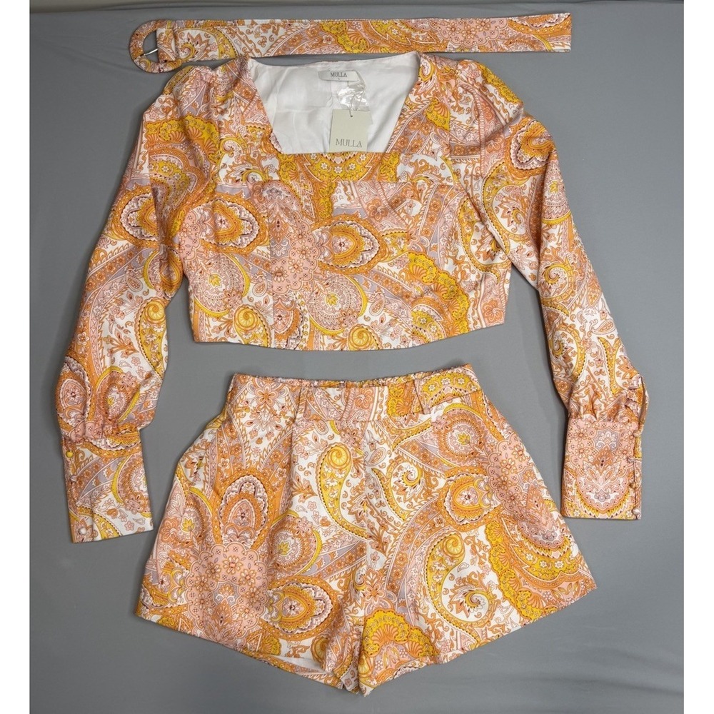 Mulla Linen Paisley Crop Top and Shorts Set‎ L Orange White W/Belt Lined Party